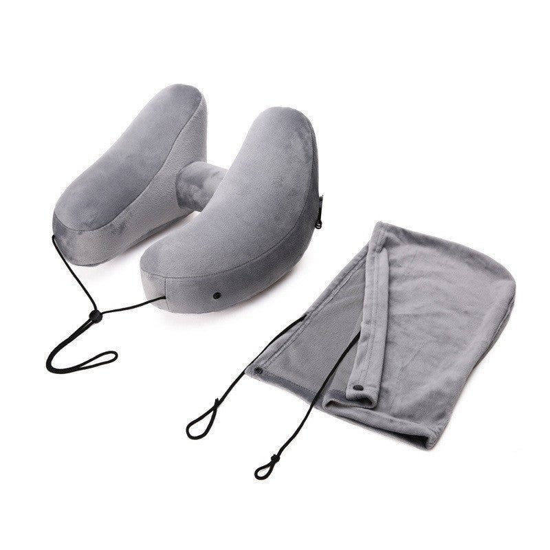 Hooded Travel Pillow H Shaped Inflatable Neck Pillow Folding Lightweight Nap Car Seat Office Airplane Sleeping Cushion Pillows - ca'jjon